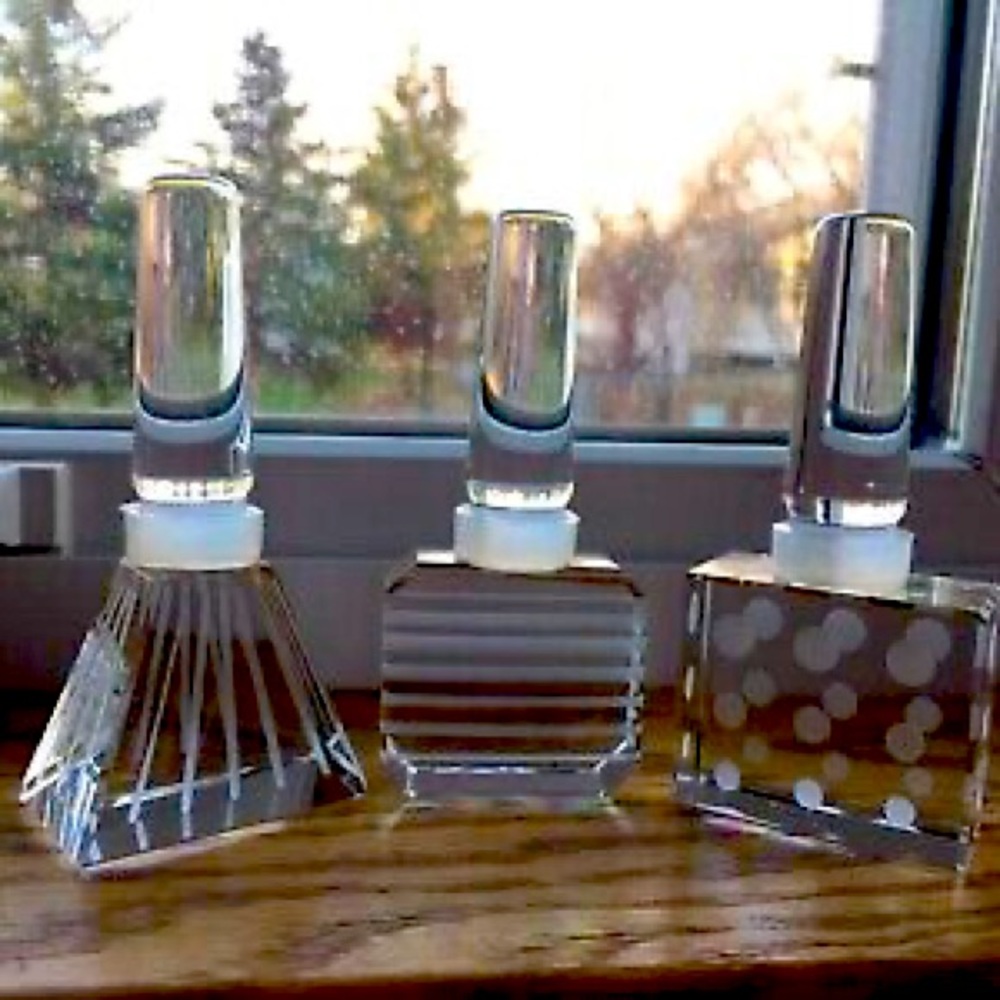Czech whimsical glass bottle stoppers with polka dot, stripe design. Vintage